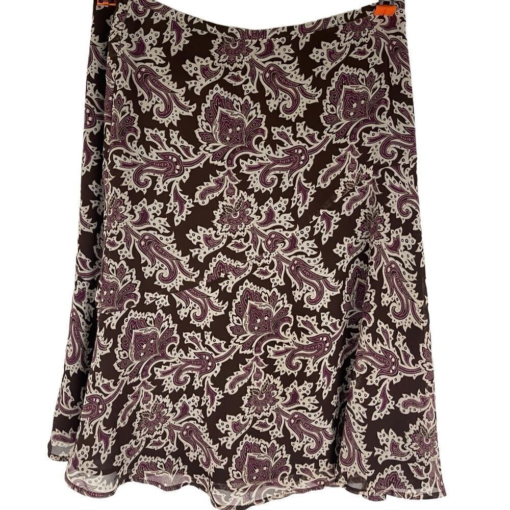 Liz Claiborne flowy light paisley skirt brown&purple‎ sz 10 side zipper lined